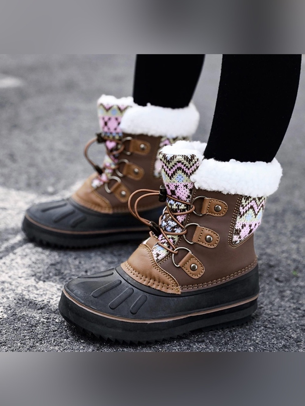 London fog toddler Brown Winter Duck Boots with Pink Knit Cuff and Faux-Fur Trim